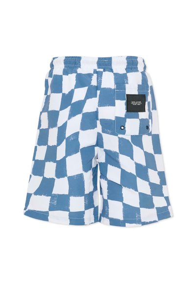 Blue and white checkered swim shorts with an elastic waistband, featuring a back pocket with a black label and snap closure.