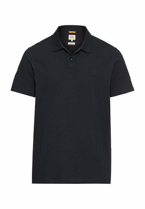 Marineblå polo skjorte lavet af tekstureret stof, med krave, en to-knaps placket og et lille broderet logo på brystet.