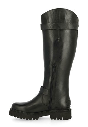 Stivali alti in pelle nera con cerniera laterale, superficie testurizzata, soletta rinforzata e una cintura nella parte superiore per un tocco in più.