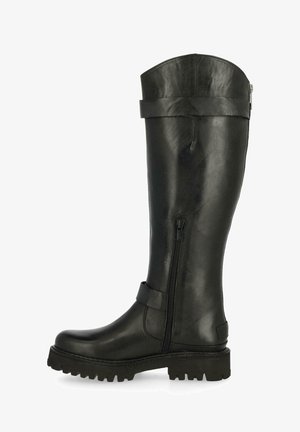 Black leather knee-high boots with a side zipper, textured surface, reinforced sole, and a strap around the upper for added detail.