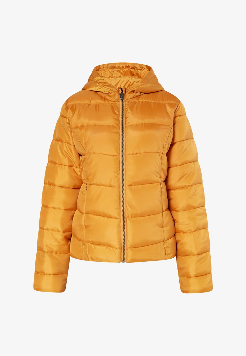 Yellow padded jacket with a hood, featuring a front zipper, elastic cuffs, and a smooth, shiny texture.