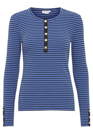 Blå och svart randig långärmad tröja med rund halsringning, som har en knapplist och guldtonade knappar vid ärmsluten.