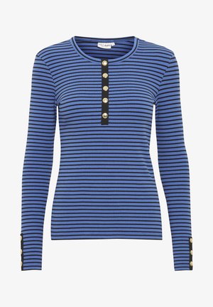 Modra in črna črtasta dolgasleeve majica z okroglo ovratnico, ki ima gumbno zapenjanje in gumbke v zlatem tonu na manšetah.