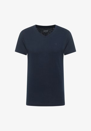 Navy blue v-neck t-shirt made of soft fabric. Short sleeves, relaxed fit, and subtle logo detail on the chest.