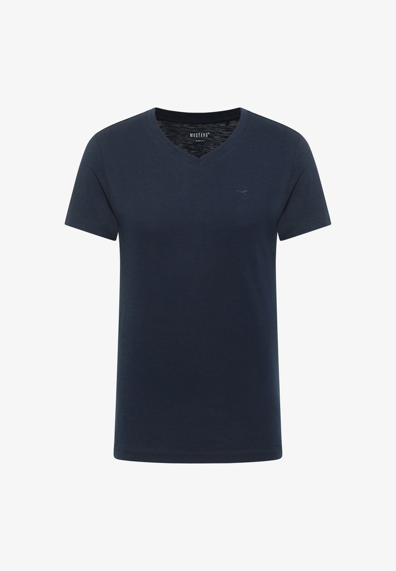 Marineblaues V-Ausschnitt-T-Shirt aus weichem Stoff. Kurze Ärmel, lockere Passform und dezentes Logodesign auf der Brust.