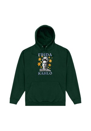 Sweat à capuche vert foncé avec un portrait en noir et blanc de Frida Kahlo, entouré de fleurs orange et son nom au-dessus et en dessous de l'image.