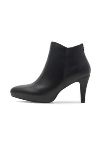Czarne skórzane botki za kostkę z ostrym noskiem, smukłym wysokim obcasem i subtelnym złotym akcentem z tyłu. Gładka tekstura i elegancki design.