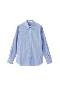 Blue and white striped button-up shirt with long sleeves, a pointed collar, and cuffed sleeves, made from lightweight fabric.