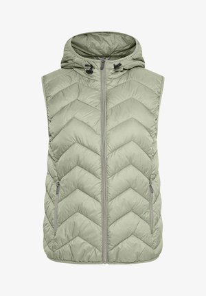 Hele rohelise värvusega puffervest kapuutsiga, millel on chevron-õmblustest muster, esine tõmblukk ja kaks külgmist tõmblukuga taskut.