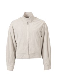 Jasnobeżowa kurtka sztruksowa z wysokim kołnierzem, zamkiem z przodu, długimi rękawami i subtelnym haftowanym logo na piersi.