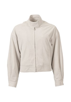 Giacca di velluto a coste beige chiaro con colletto alto, cerniera frontale, maniche lunghe e sottile logo ricamato sul petto.