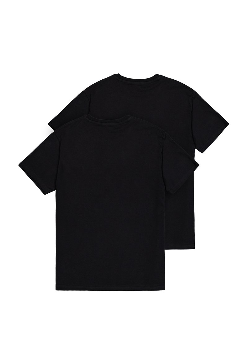 Czarne bawełniane koszulki, krótki rękaw, projekt z okrągłym dekoltem, zawierają dwie identyczne koszulki, gładka tekstura bez widocznych wzorów czy akcentów.