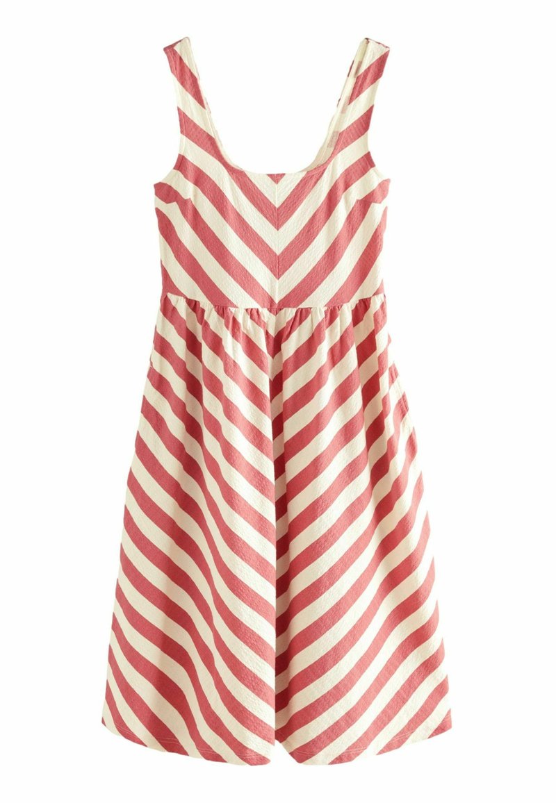Robe rayée avec un motif en chevrons dans des tons de corail et de crème, dotée d'un bodice ajusté, de larges bretelles et d'une taille froncée pour une jupe évasée.