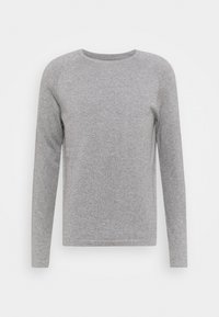 Šedé tričko s dlouhým rukávem z měkké látky, s kulatým výstřihem a žebrovanými manžetami, s hladkou texturou bez viditelných vzorů.