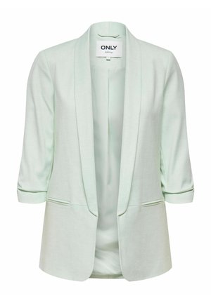 Blazer vert menthe clair ouvert à l'avant avec manches 3/4 et deux poches passepoilées à l'avant, étiqueté ONLY.