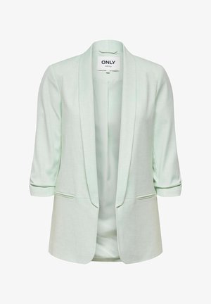 Blazer vert menthe clair ouvert à l'avant avec manches 3/4 et deux poches passepoilées à l'avant, étiqueté ONLY.