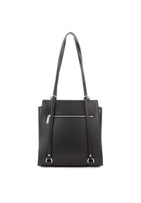 Sac fourre-tout en synthétique noir avec deux poignées, poche avant zippée, forme carrée, design minimaliste et accents en métal argenté.