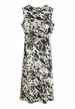 Sleeveless dress in a lightweight fabric; features an abstract black and cream spotted pattern; knee-length design with a gathered waist.