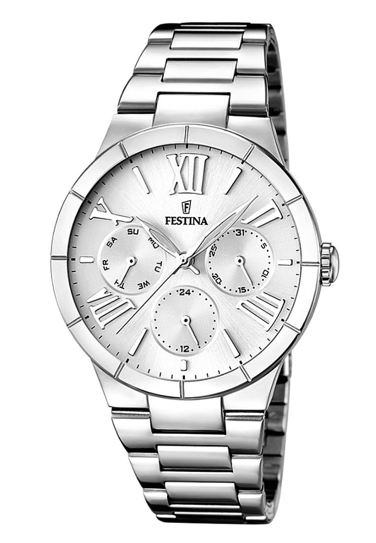 Silberner Edelstahlarmbanduhren mit rundem Ziffernblatt, weißem Zifferblatt, römischen Ziffern und drei Subdials für Wochentag, Datum und 24-Stunden-Anzeige.