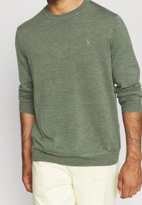 Grön stickad tröja med långa ärmar, vanlig halsringning och ribbade manschetter. Har en liten broderad logotyp på bröstet. Slät textur.