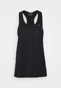 Débardeur noir sans manches avec un col arrondi, un dos nageur et un petit logo gris sur la poitrine. Confectionné en tissu léger.