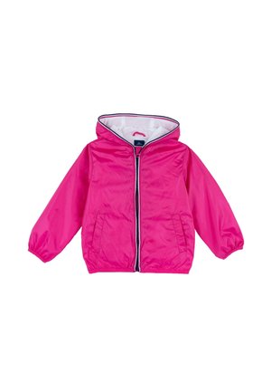 Child's bright pink hooded jacket with front zipper, elastic cuffs, two front pockets, and white lining inside the hood.