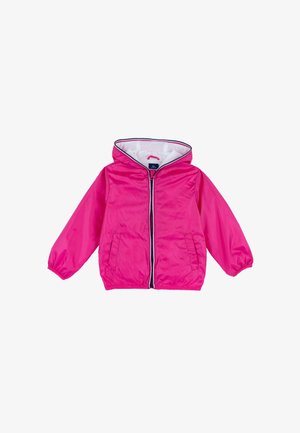 Child's bright pink hooded jacket with front zipper, elastic cuffs, two front pockets, and white lining inside the hood.