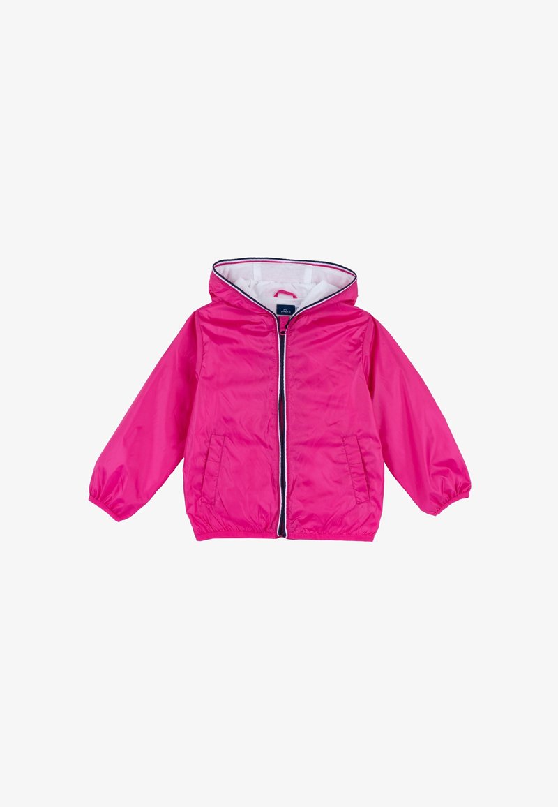 Veste à capuche rose vif pour enfant, avec fermeture éclair frontale, poignets élastiques, deux poches avant, et doublure blanche à l'intérieur de la capuche.