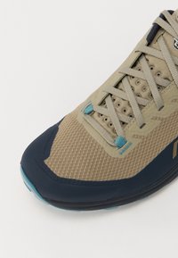 Beige joggesko med mesh-fabric overdel, blå detaljer og mørk gummitåhette. Har teksturert såle og flate lisser.