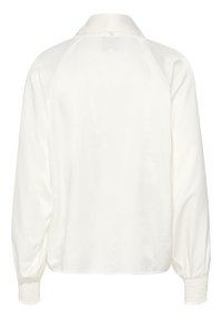 Weiße Satinbluse mit spitzem Kragen, elastischen Manschetten und glatter Textur. Verfügt über ein einfaches, ungemustertes Design.