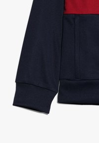 Laivastonsininen ja punainen värilohkottu collegepaita, jossa on ribbireunat hihoissa ja helmassa. Paidassa on sileä pinta ja hienovarainen kiilto kankaassa.