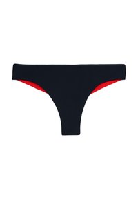 Parte inferior de bikini negra con un diseño de cintura baja, que presenta acentos rojos en los lados. Fabricada con un material suave y elástico.