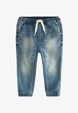 Pantalons jogger en denim dans un lavage bleu clair avec une taille élastique, un cordon de serrage blanc ajustable et des poignets élastiques aux chevilles.