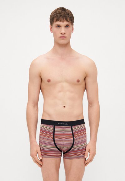 Boxer shorts pour hommes à rayures horizontales multicolores. Fabriqués en tissu stretch avec une taille élastique noire portant le nom de la marque.