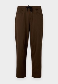 Pantalones de algodón marrón con cintura ajustable, dos bolsillos laterales y un corte relajado. Textura suave y diseño de pierna recta.