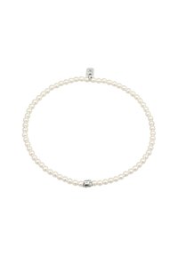 Perlenarmband mit kleinen, runden, cremefarbenen Perlen, einem silbernen Verschluss und einem dekorativen Metallelement in der Mitte.