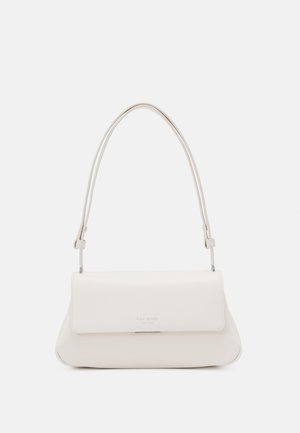 White leather shoulder bag with a folded front flap, curved shape, and adjustable strap. Features subtle logo on the front.