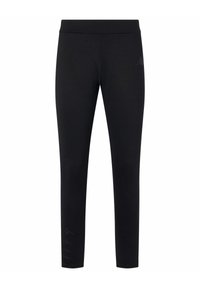 Leggings neri realizzati in un tessuto liscio e elasticizzato. Presentano un ampio elastico in vita e un logo discreto nella parte inferiore della gamba sinistra. Senza motivi o dettagli decorativi.