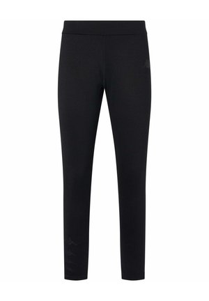 Leggings neri realizzati in un tessuto liscio e elasticizzato. Presentano un ampio elastico in vita e un logo discreto nella parte inferiore della gamba sinistra. Senza motivi o dettagli decorativi.
