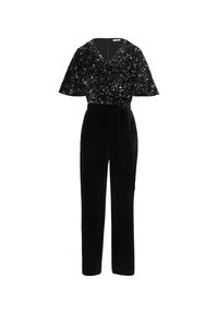 Schwarzer Jumpsuit mit einem mit Pailletten verzierten Oberteil mit kurzen Ärmeln, einem V-Ausschnitt und weiten, samtigen Hosen mit einem gebundenen Gürtel.