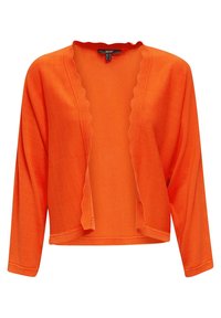 Cardigan orange vif ouvert devant avec manches longues et détail festonné le long de l'ouverture.