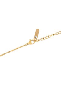 Gold-plated chain bracelet with a clasp closure, featuring rounded links and a small tag with an engraved logo.