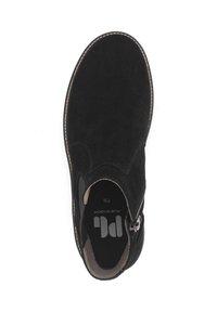 Zwarte suède enkellaars met een ronde neus, ritssluiting aan de zijkant, contrasterende stiksels en een gevoerde binnenzool.