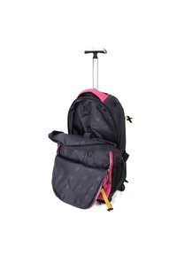 Zaino da viaggio nero e rosa con manico telescopico, spallacci imbottiti e un ampio scomparto principale con fodera grigia e tasche.