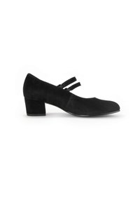 Zwarte suède lage hak schoenen met een ronde neus, voorzien van twee smalle bandjes over de wreef en een gestructureerde afwerking.