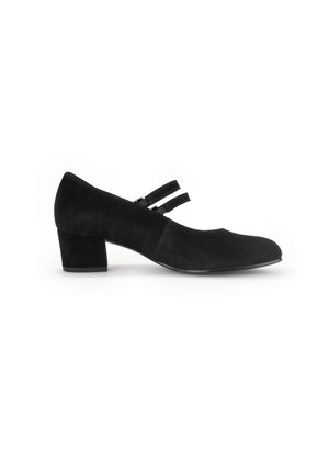Zwarte suède lage hak schoenen met een ronde neus, voorzien van twee smalle bandjes over de wreef en een gestructureerde afwerking.