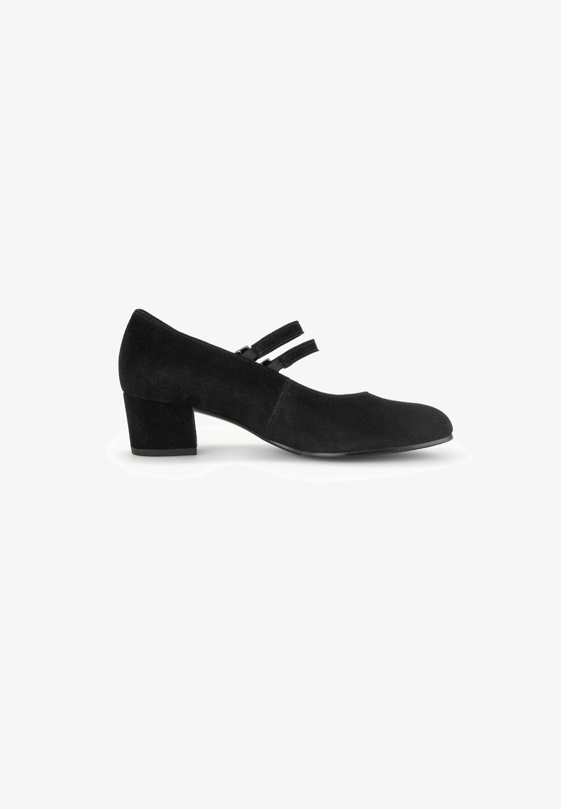 Zwarte suède lage hak schoenen met een ronde neus, voorzien van twee smalle bandjes over de wreef en een gestructureerde afwerking.