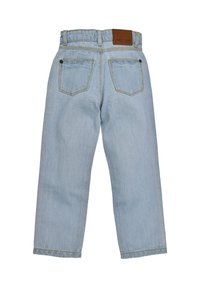 Light blue denim jeans with a straight leg design, featuring two back pockets, yellow stitching, and a brown leather brand patch on the waistband.