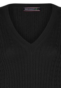 Schwarzer V-Ausschnitt-Pullover mit einem strukturierten Kabelstrickmuster. Etikett mit der Aufschrift "FELIX HARDY", Größe S. Material aus Wollgemisch, mittlere Dicke.