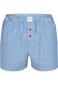 Modré a bílé pruhované bavlněné boxerky s volným střihem, obsahující dva červené knoflíky a malou přední kapsu. Součástí je elastický pas.